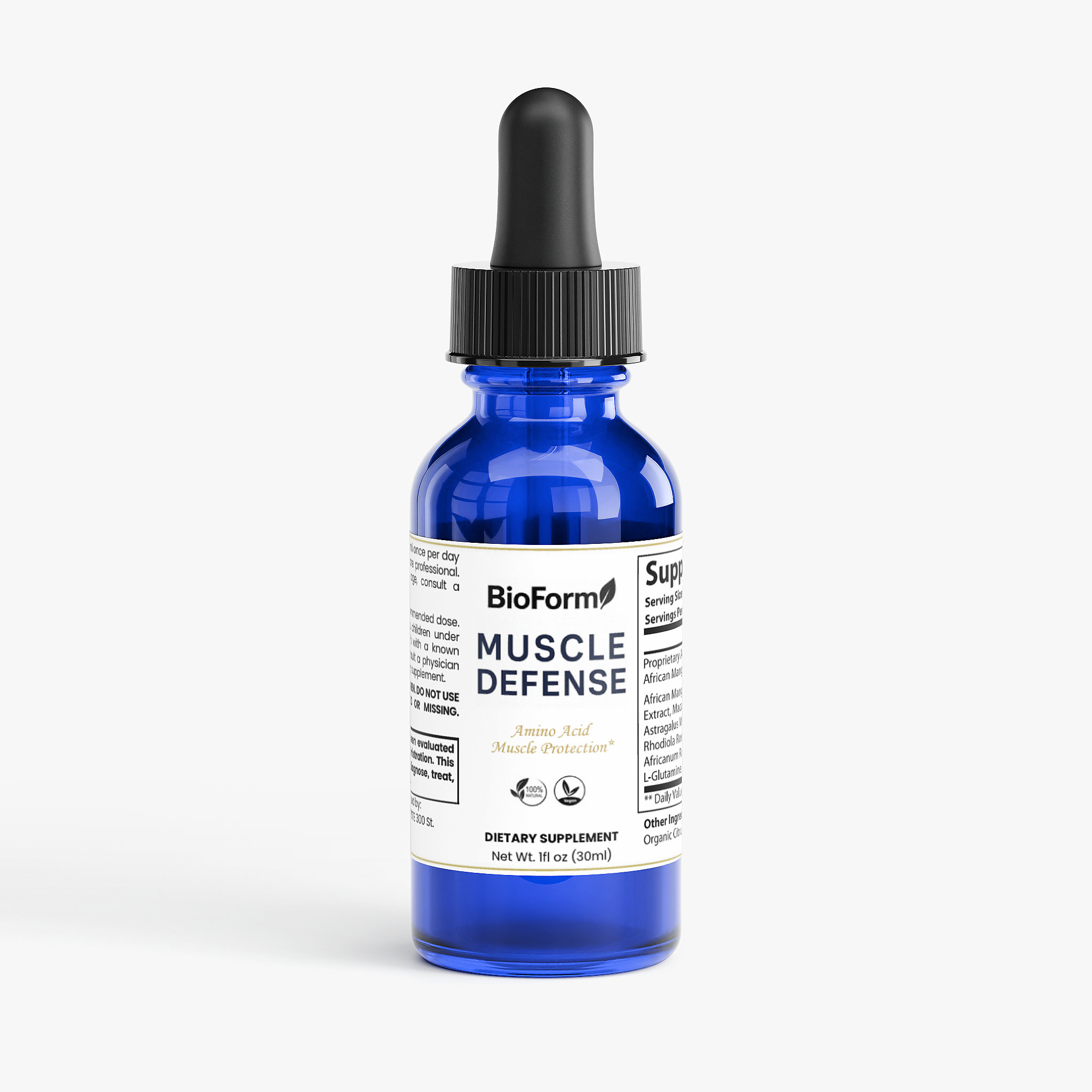 BioForm Muscle Defense — liquid amino acid formula in a cobalt blue dropper bottle, 1 fl oz